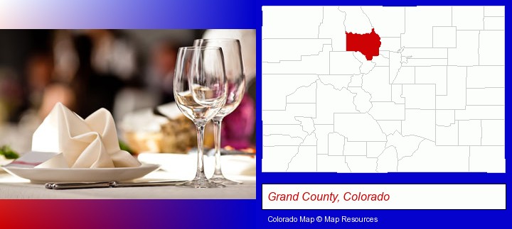 a restaurant table place setting; Grand County, Colorado highlighted in red on a map