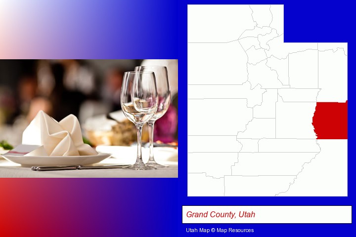 a restaurant table place setting; Grand County, Utah highlighted in red on a map