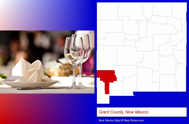 a restaurant table place setting; Grant County, New Mexico highlighted in red on a map