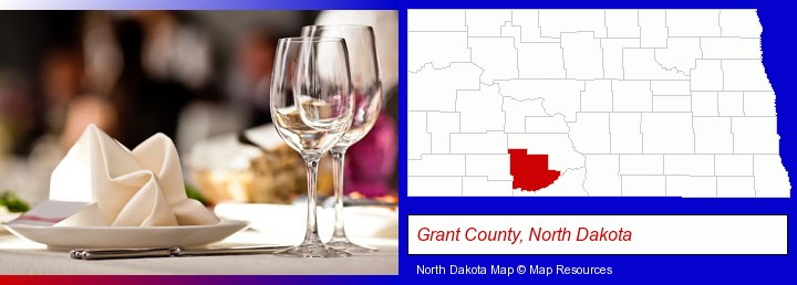 a restaurant table place setting; Grant County, North Dakota highlighted in red on a map
