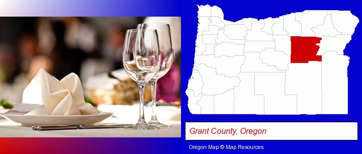 a restaurant table place setting; Grant County, Oregon highlighted in red on a map