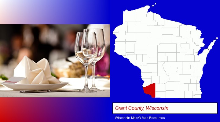 a restaurant table place setting; Grant County, Wisconsin highlighted in red on a map