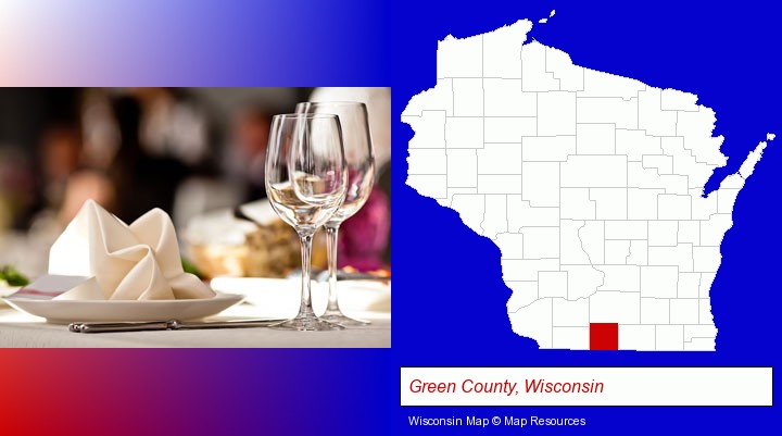 a restaurant table place setting; Green County, Wisconsin highlighted in red on a map