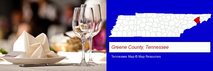 a restaurant table place setting; Greene County, Tennessee highlighted in red on a map