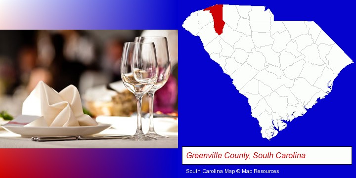 a restaurant table place setting; Greenville County, South Carolina highlighted in red on a map