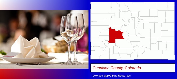 a restaurant table place setting; Gunnison County, Colorado highlighted in red on a map