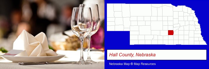 a restaurant table place setting; Hall County, Nebraska highlighted in red on a map