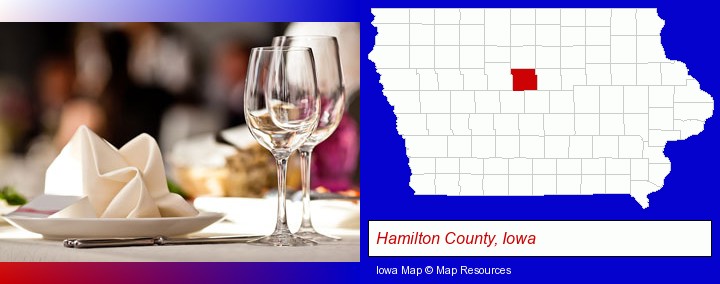 a restaurant table place setting; Hamilton County, Iowa highlighted in red on a map