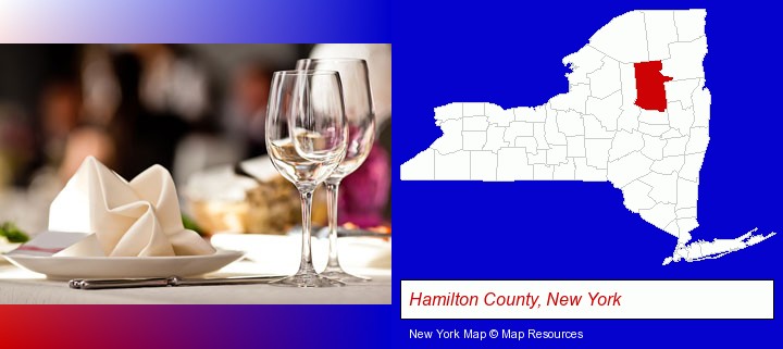 a restaurant table place setting; Hamilton County, New York highlighted in red on a map