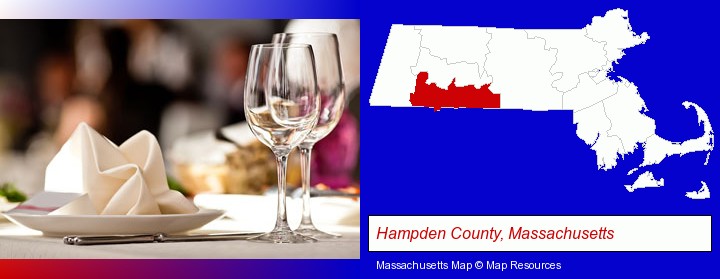 a restaurant table place setting; Hampden County, Massachusetts highlighted in red on a map