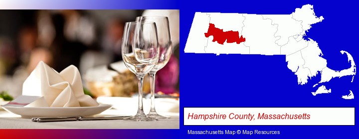 a restaurant table place setting; Hampshire County, Massachusetts highlighted in red on a map