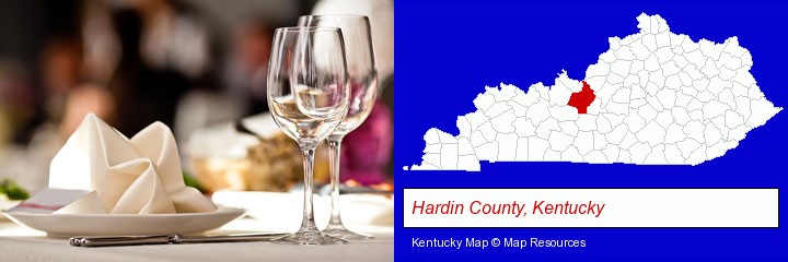a restaurant table place setting; Hardin County, Kentucky highlighted in red on a map