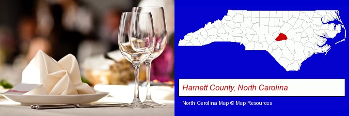 a restaurant table place setting; Harnett County, North Carolina highlighted in red on a map