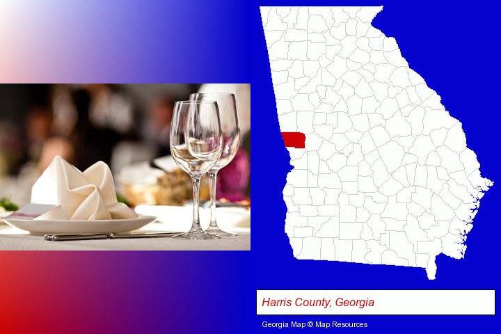 a restaurant table place setting; Harris County, Georgia highlighted in red on a map