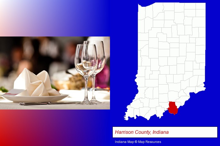 a restaurant table place setting; Harrison County, Indiana highlighted in red on a map