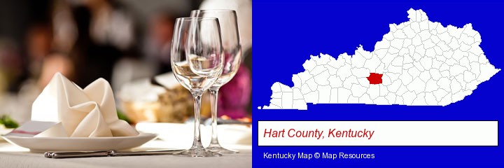 a restaurant table place setting; Hart County, Kentucky highlighted in red on a map