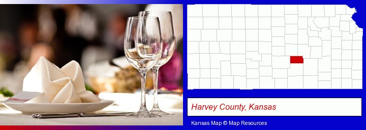 a restaurant table place setting; Harvey County, Kansas highlighted in red on a map