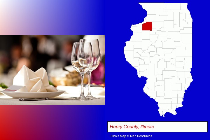 a restaurant table place setting; Henry County, Illinois highlighted in red on a map