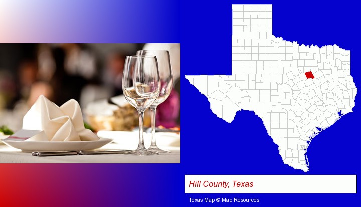 a restaurant table place setting; Hill County, Texas highlighted in red on a map