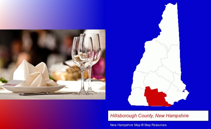 a restaurant table place setting; Hillsborough County, New Hampshire highlighted in red on a map