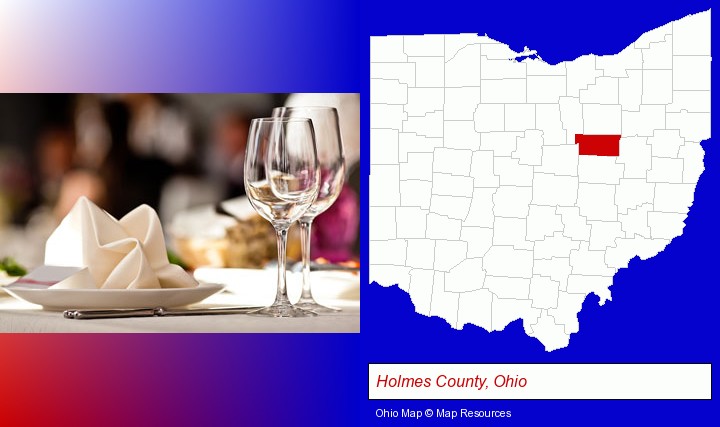 a restaurant table place setting; Holmes County, Ohio highlighted in red on a map