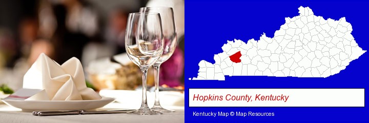 a restaurant table place setting; Hopkins County, Kentucky highlighted in red on a map