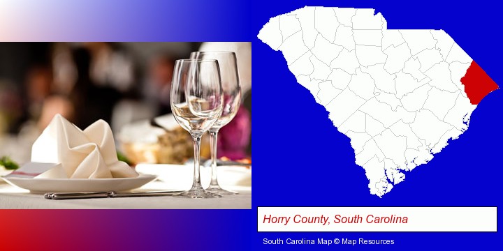 a restaurant table place setting; Horry County, South Carolina highlighted in red on a map