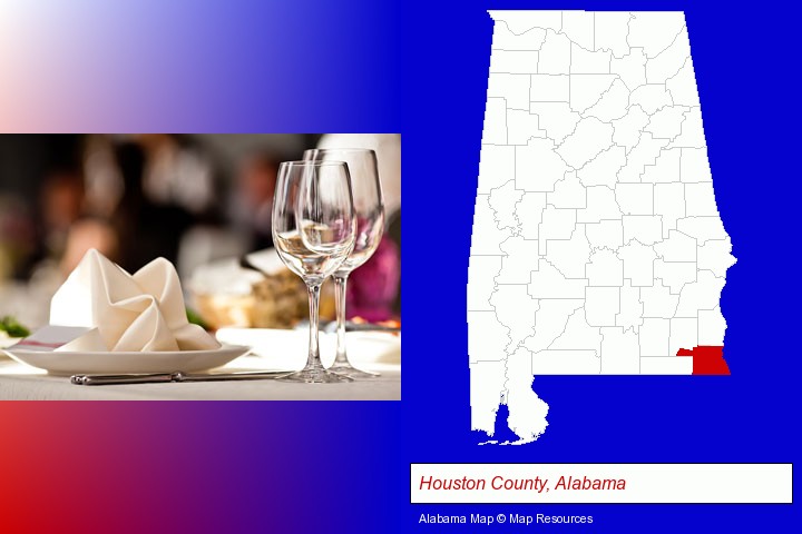 a restaurant table place setting; Houston County, Alabama highlighted in red on a map