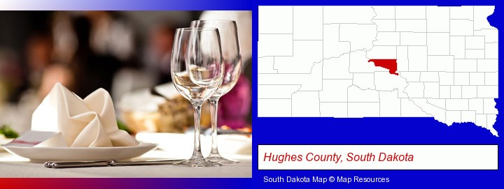 a restaurant table place setting; Hughes County, South Dakota highlighted in red on a map