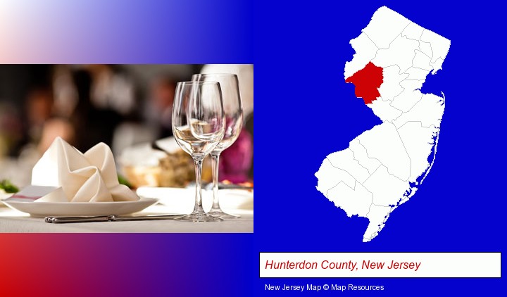 a restaurant table place setting; Hunterdon County, New Jersey highlighted in red on a map