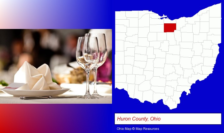 a restaurant table place setting; Huron County, Ohio highlighted in red on a map