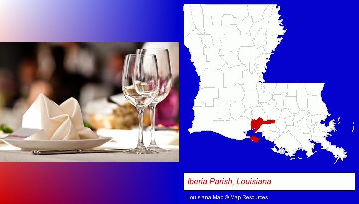 a restaurant table place setting; Iberia Parish, Louisiana highlighted in red on a map