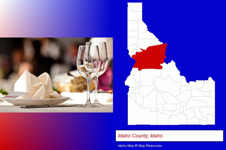 a restaurant table place setting; Idaho County, Idaho highlighted in red on a map