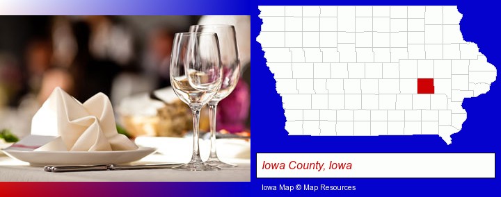 a restaurant table place setting; Iowa County, Iowa highlighted in red on a map