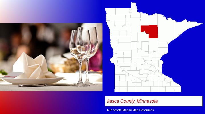 a restaurant table place setting; Itasca County, Minnesota highlighted in red on a map