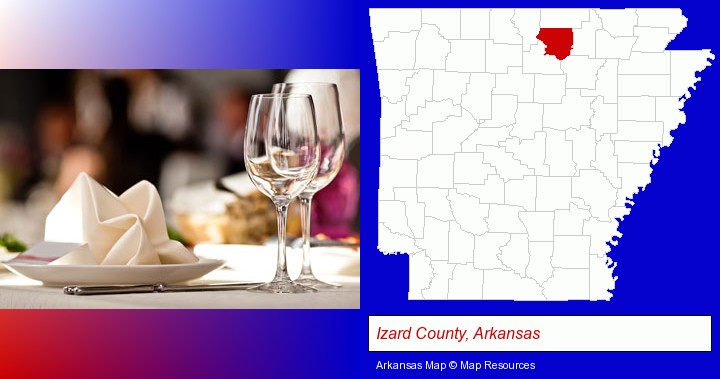 a restaurant table place setting; Izard County, Arkansas highlighted in red on a map