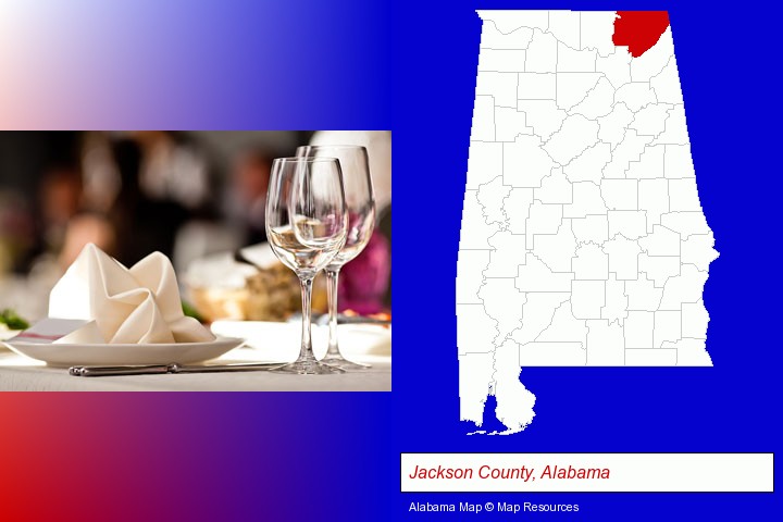 a restaurant table place setting; Jackson County, Alabama highlighted in red on a map