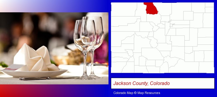 a restaurant table place setting; Jackson County, Colorado highlighted in red on a map