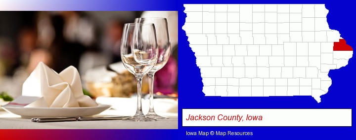 a restaurant table place setting; Jackson County, Iowa highlighted in red on a map