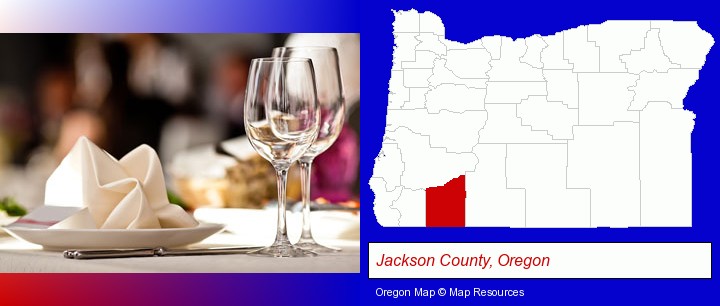a restaurant table place setting; Jackson County, Oregon highlighted in red on a map
