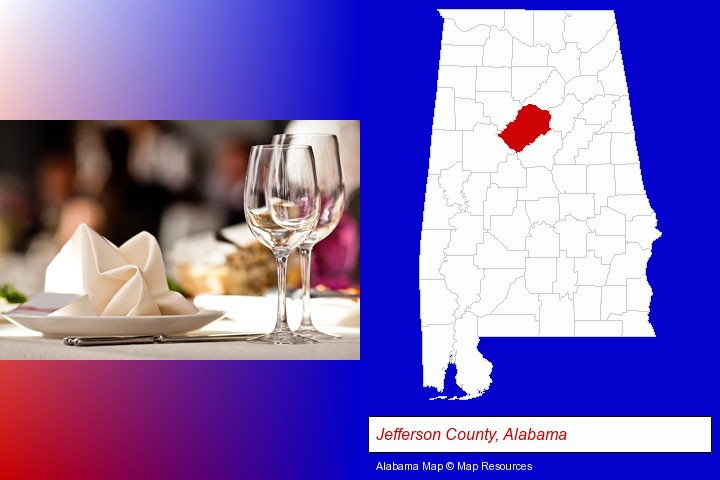 a restaurant table place setting; Jefferson County, Alabama highlighted in red on a map
