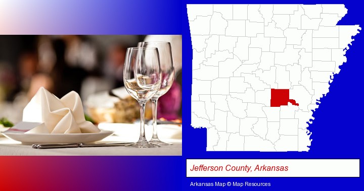 a restaurant table place setting; Jefferson County, Arkansas highlighted in red on a map