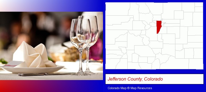 a restaurant table place setting; Jefferson County, Colorado highlighted in red on a map