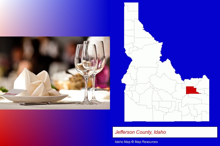 a restaurant table place setting; Jefferson County, Idaho highlighted in red on a map