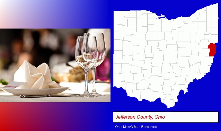 a restaurant table place setting; Jefferson County, Ohio highlighted in red on a map