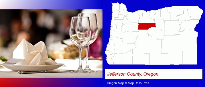 a restaurant table place setting; Jefferson County, Oregon highlighted in red on a map