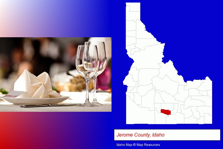 a restaurant table place setting; Jerome County, Idaho highlighted in red on a map
