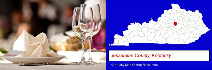 a restaurant table place setting; Jessamine County, Kentucky highlighted in red on a map