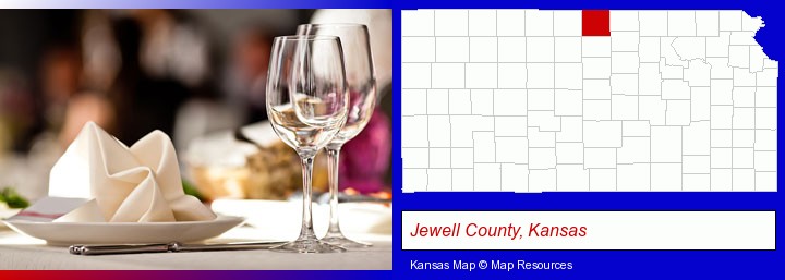 a restaurant table place setting; Jewell County, Kansas highlighted in red on a map