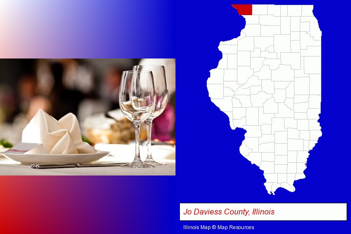 a restaurant table place setting; Jo Daviess County, Illinois highlighted in red on a map